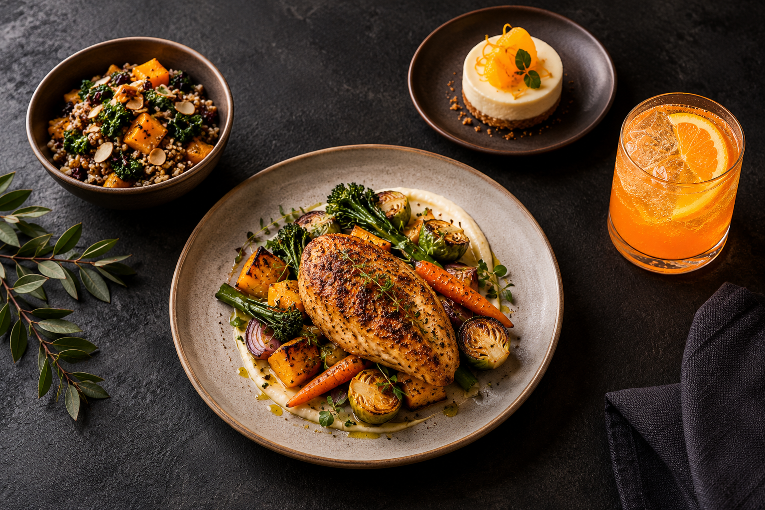 A four-part meal with a main course, side, dessert, and citrus drink